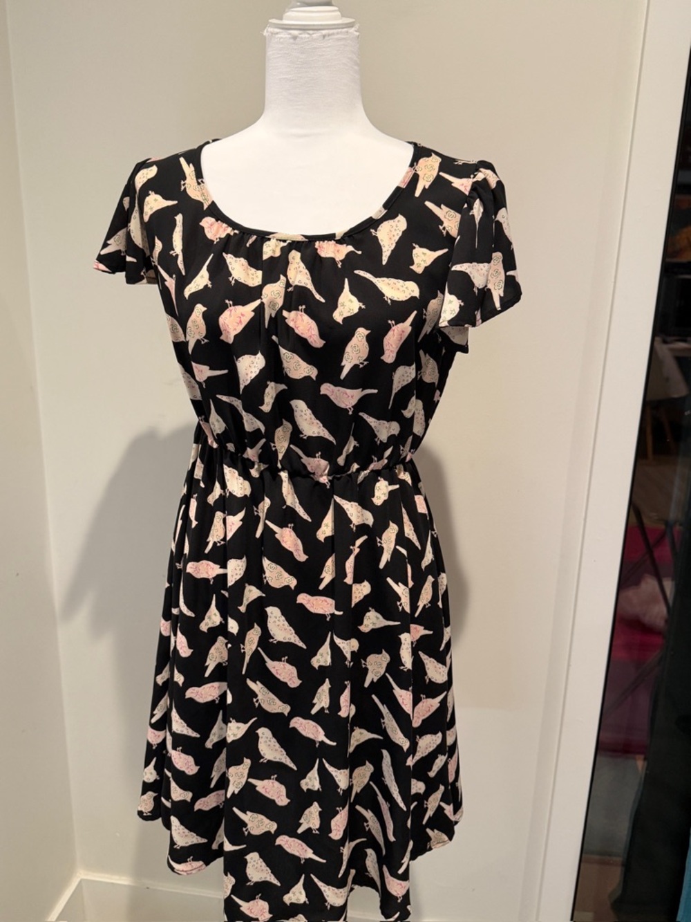 West Kei Black Dress with Pink & Cream Bird Print